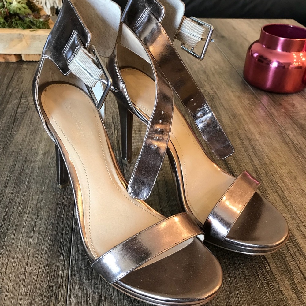 Calvin Klein pewter ankle strap heel